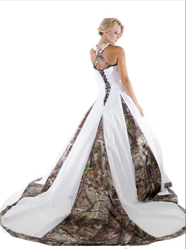 Hot Sale Camo Wedding Dresses With beaded Appliques criss cross back Long Camouflage Wedding Party Dress Spaghetti Straps Bridal Gowns