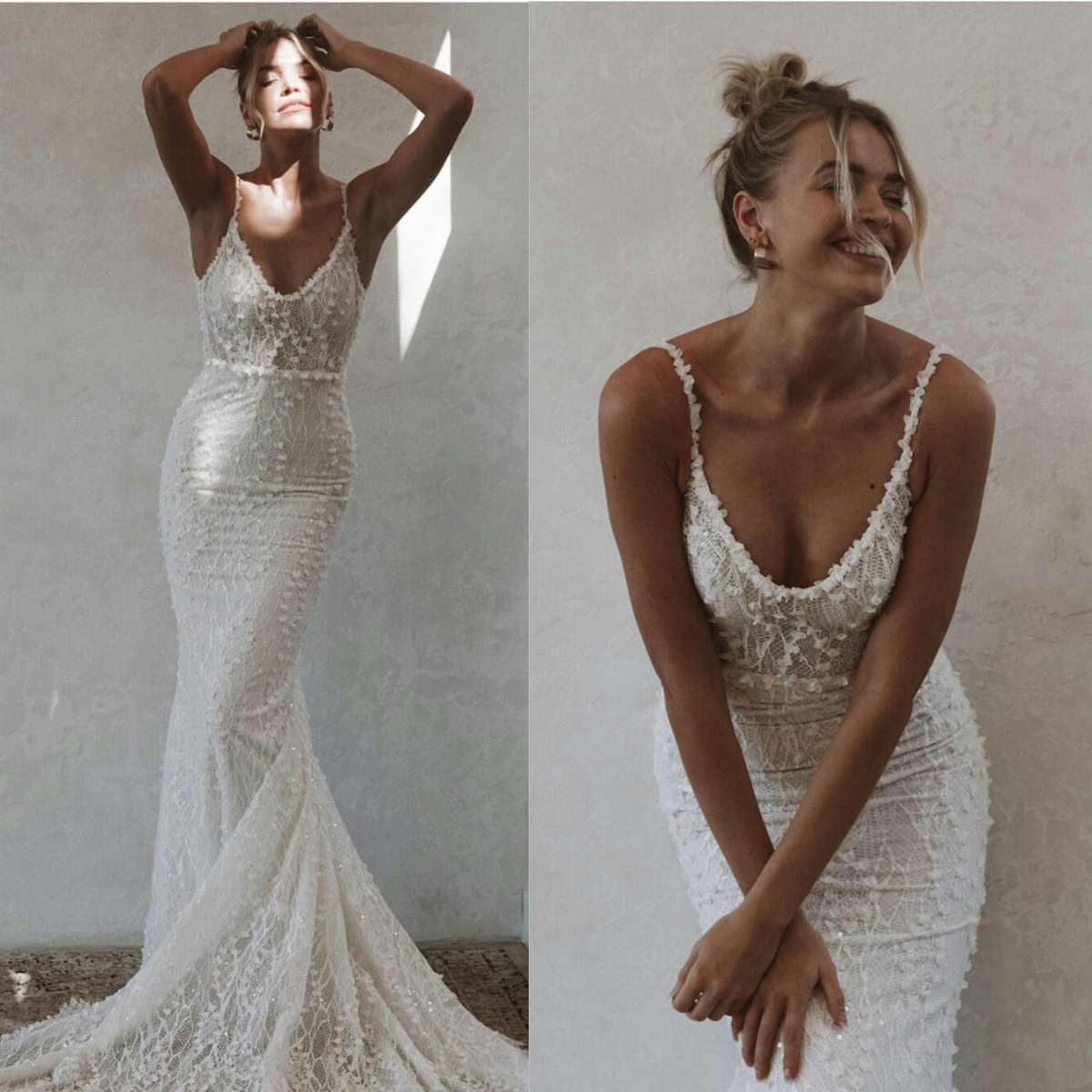Fashion Spaghetti Straps Mermaid Wedding Dresses Lace Sequins Bridal Gowns Backless Illusion Bride Sweep Train Dresses Custom Made