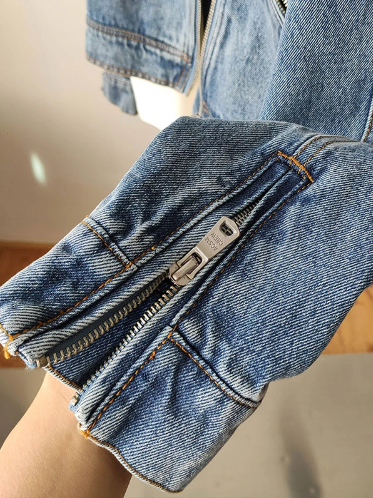 FTLZZ Spring Autumn Women Casual Moto Biker Denim Jacket Lady Vintage Loose Lapel Zipper Solid Color Short Cowboy Coat 240117