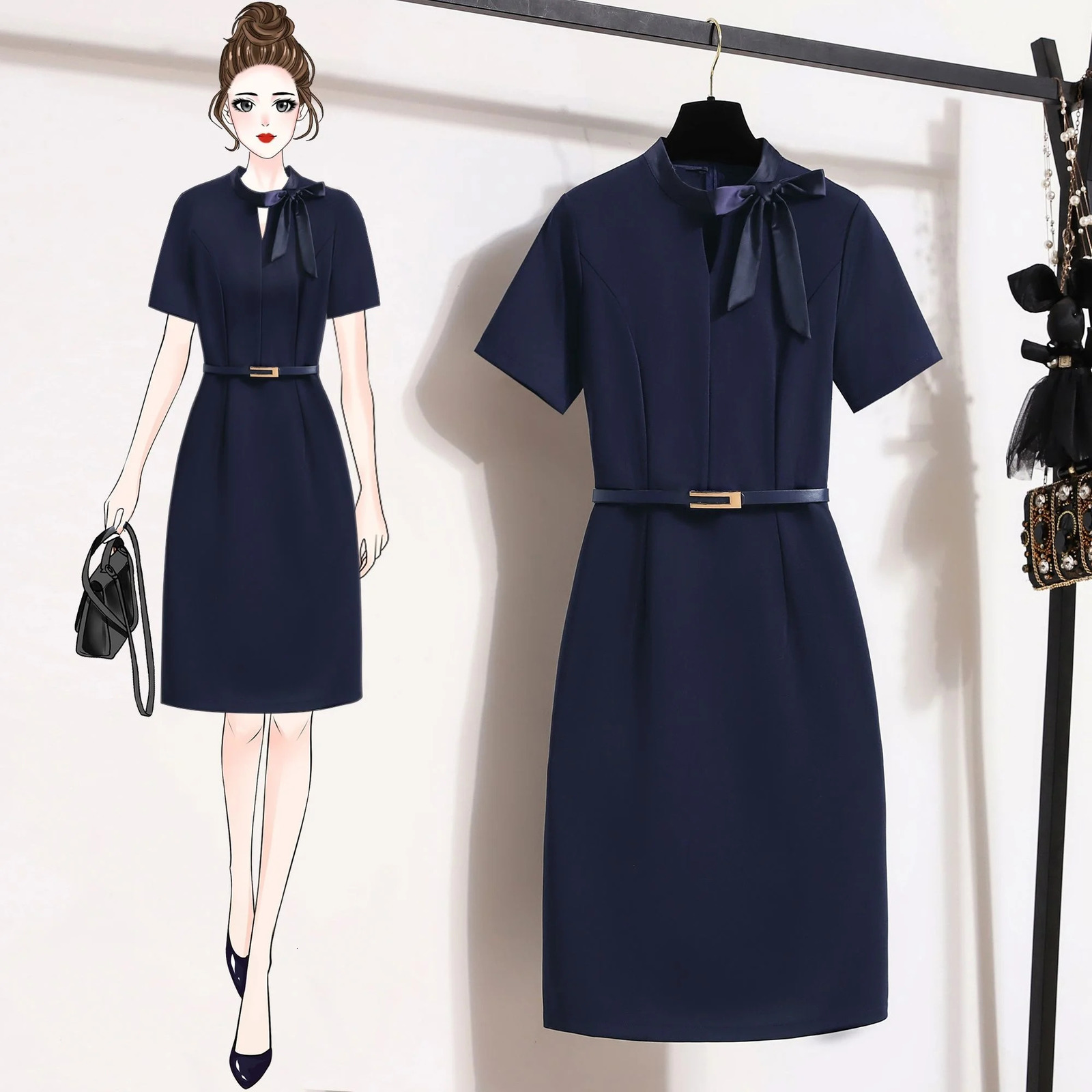 Summer Slim Professional Work Pencil Dress Elegant Women's Belt Bow Navy el Jewelry Shop Club Korean Style Clothing 240117