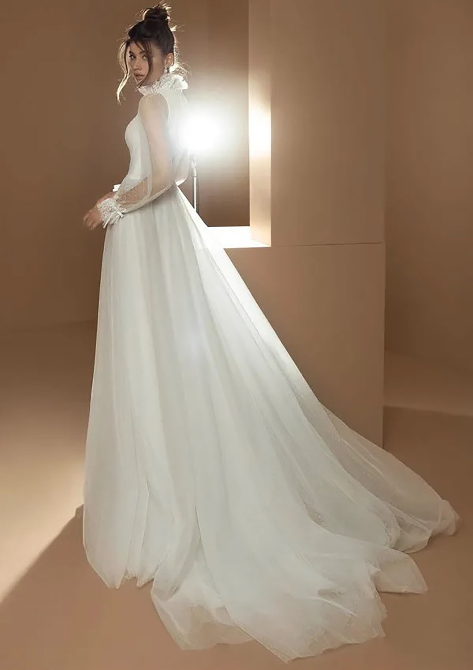 White Wedding Dresses Ivory Bridal Gowns Formal Tulle Custom Zipper Lace Up Plus Size New High Neck Long Sleeve Lace Floor-Length