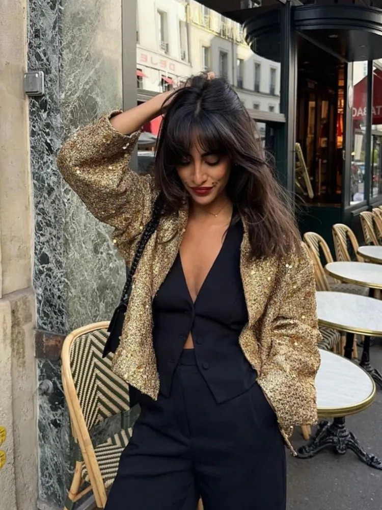 Women Fashion Shiny Sequin Jacket Y2k Gold Color Stand Collar Long Sleeve Short Coat Autumn Winter Ladies High Streetwear 240117