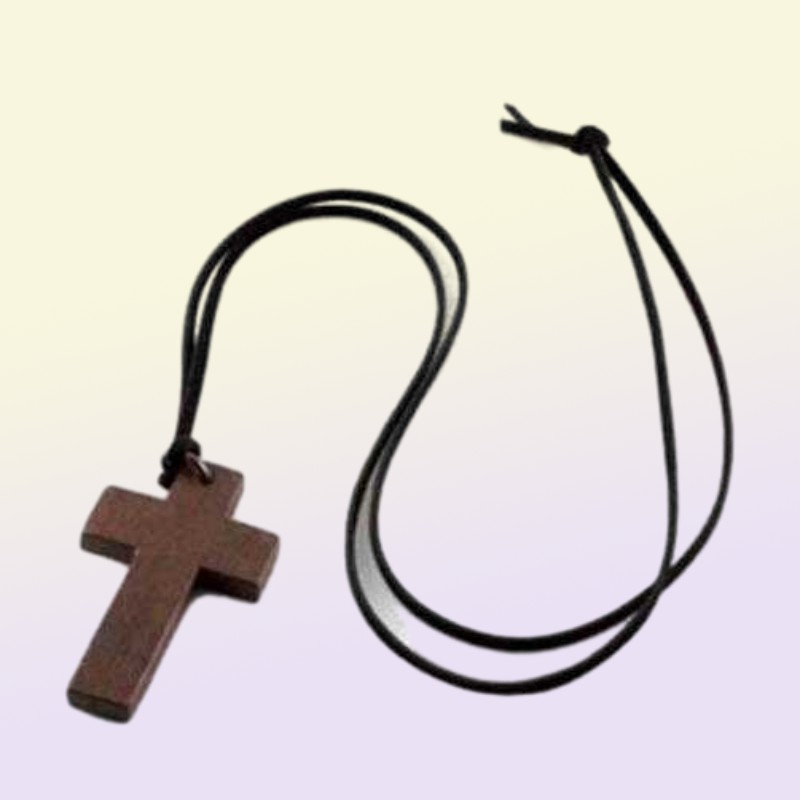 Necklace Cross Vintage Wooden Jewelry Pendant Simple Wooden Cross And Leather Rope Charm Wedding Women Necklace Sweater Chain