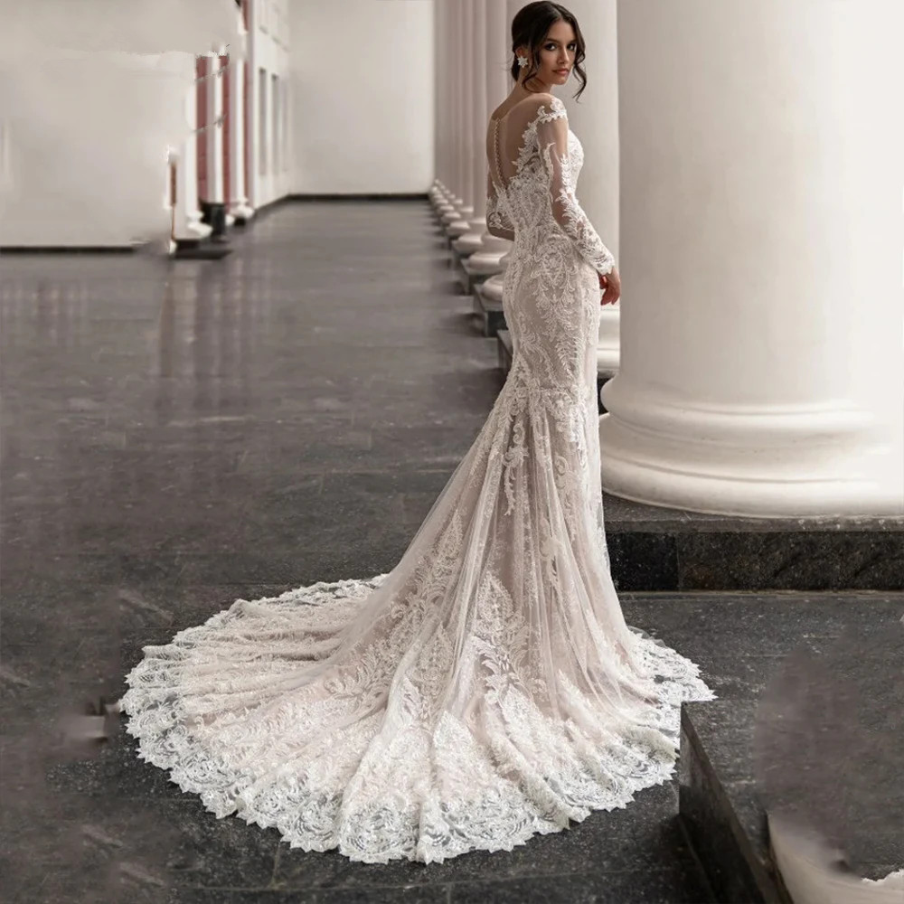 Elegant Mermaid Wedding Dress O-Neck Long Sleeves Lace Appliques Floor Length Bridal Gown Illusion Vestidos De Novia