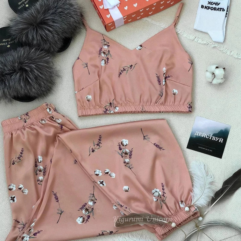 Silk Satin Pajamas Set Women Short Top Long Pants Sleepwear Sexy Nightwear Pijama V-neck Homewear Loungewear 3pcs-set NO Slipper 240117