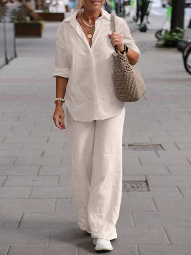 Cotton Linen Sets of Two Pieces for Women Summer Wide Leg Pants with Shirts Outfits Button Up Blouses Women's Trouser Suits 240117