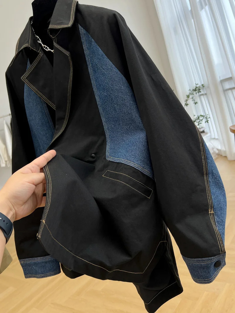 EWQ Denim Stitching Long Sleeve Trend Ladies Coat Korean Clothing Big Size Black Jacket Top 2023 Spring Autumn 240117