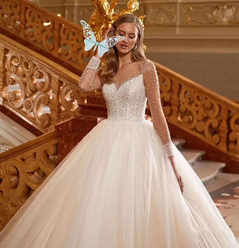 White Wedding Dresses Ivory Bridal Gowns Formal Tulle Beaded Custom Zipper Lace Up Plus Size New Long Sleeve Sweetheart Sweep Train Sequins