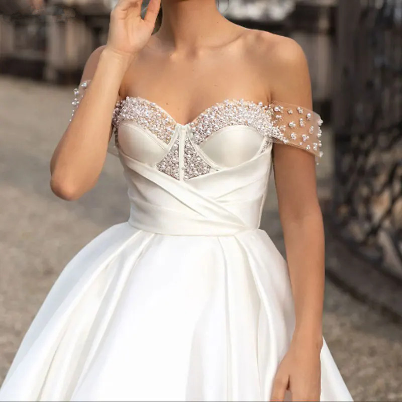 A Modern E Wedding Dress Sweetheart Off Shoulder Pearls Beading Backless Satin Bridal Gown Court Train Custom Made YD