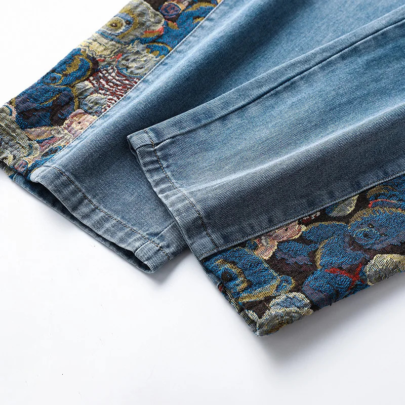 2023 Men's Jeans Baggy Bear Printed Wide Leg Pants Hip Hop Street Loose Denim Elastic Waist Lace Up Casual 240117