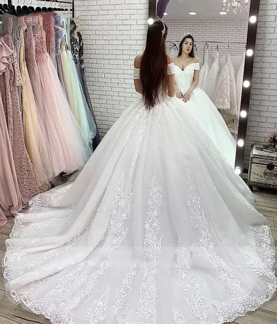 White Wedding Dresses Ivory Bridal Gowns Formal Tulle Custom Zipper Lace Up Plus Size New Sweep Train Off-Shoulder Sleeveless Applique