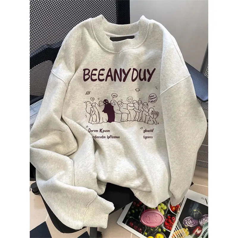 Winter American retro cartoon print round neck sweatshirt fashionable Korean street y2k personality simple loose sports hoodie 240117