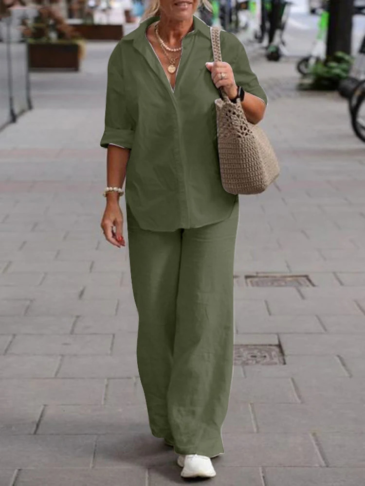 Cotton Linen Sets of Two Pieces for Women Summer Wide Leg Pants with Shirts Outfits Button Up Blouses Women's Trouser Suits 240117