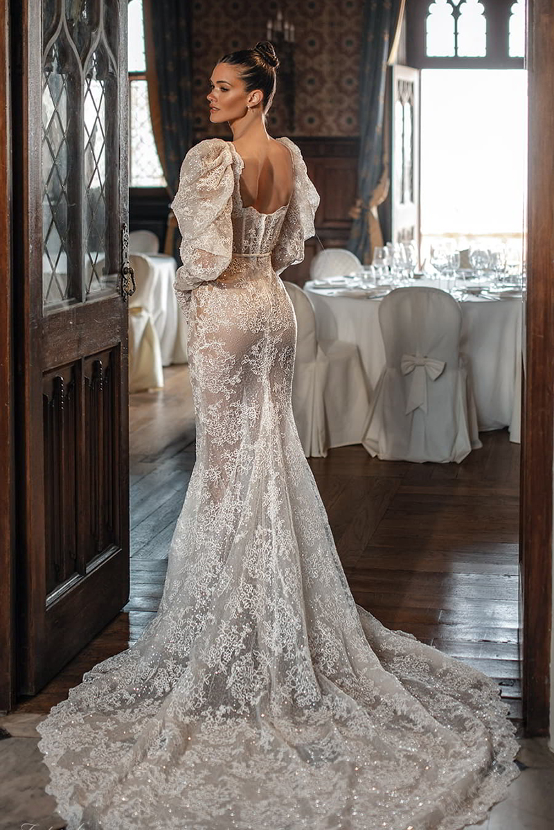 Elegant Lace Wedding Illusion Mermaid Bridal Gowns Long Sleeves Backless Bride Sweep Train Dresses Custom Made 0219