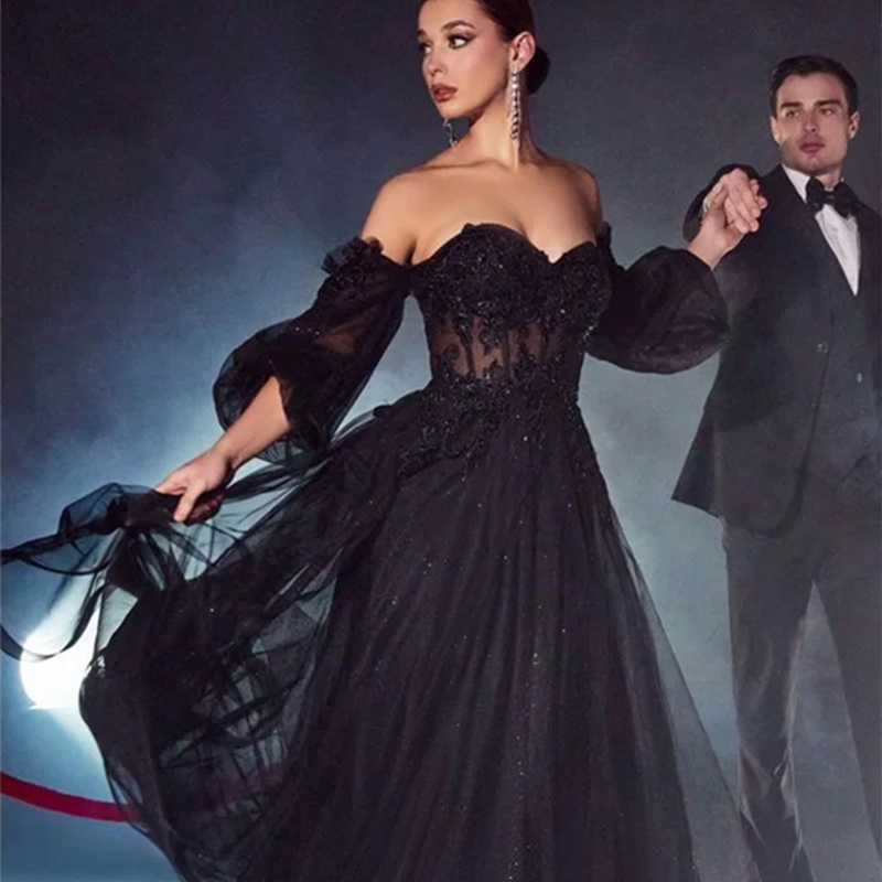 Dubai Off The Shoulder Black Prom Dresses Sweetheart Neck Lace Appliques Beaded A Line Sexy A Line Long Celebrity Evening Dress For Women Tulle Specia
