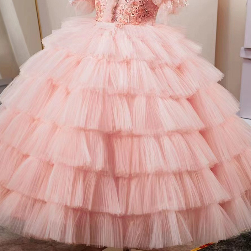 2024 Elegant pink Flower Girl pearls beaded necklace sequined corset cap sleeves princess Cascading Kids Pageant Gowns For Weddings Holy Communion Dre