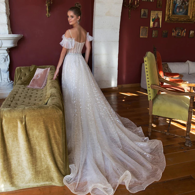 Organza Vestido De Novia Wedding Dress Shiny Off Shouder For Women With Lace Backless Bride Gowns Chepal Train 328