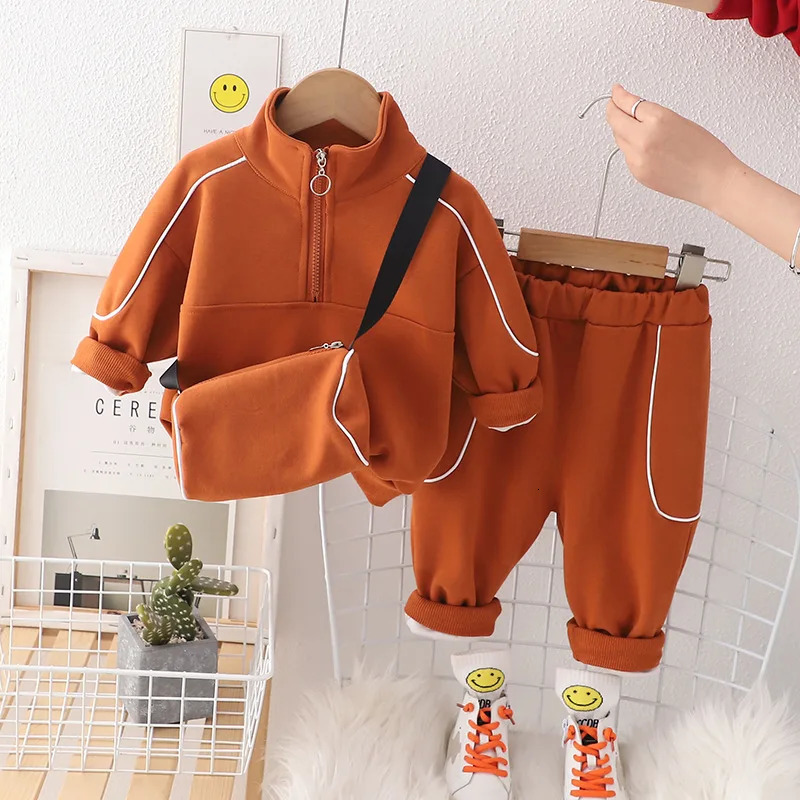 Autumn Toddler Boy 3PCS Clothes Set Cotton Zipper Sweatshirt Solid Bag Suit Casual Sports Pant Kid Boy Outfit Baby Boy Suit 240117