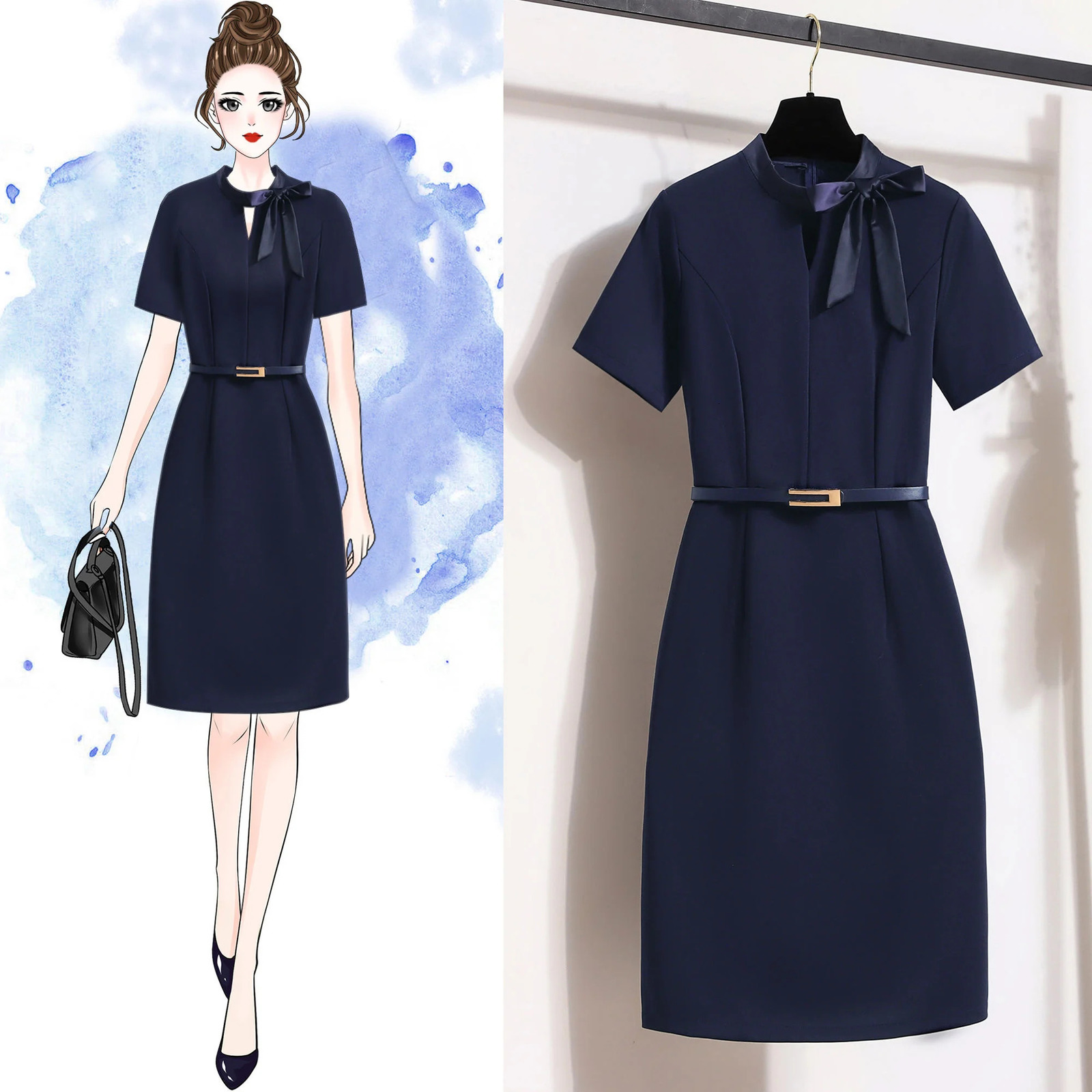 Summer Slim Professional Work Pencil Dress Elegant Women's Belt Bow Navy el Jewelry Shop Club Korean Style Clothing 240117