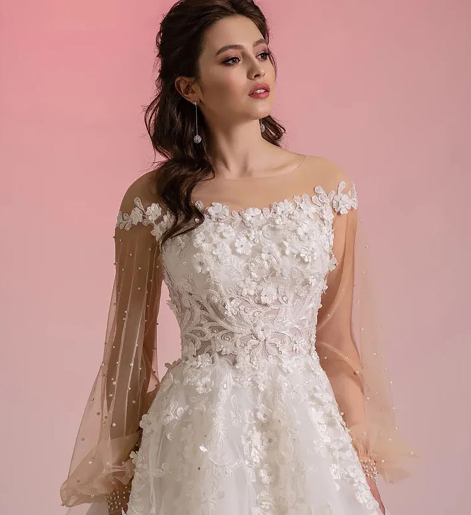 Ivory Wedding Dresses White Bridal Gowns A Line O-Neck Long Sleeve Applique Beaded 3D Floral Appliques Tulle Custom Zipper Lace Up Plus Size New Illus