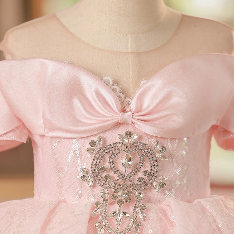 2024 Luxurious Pink Shiny Flower Girl Lace Beaded Tiers Lilttle Kids Weddding Tulle Puff Birthday Party Dresses Pageant Gowns 403