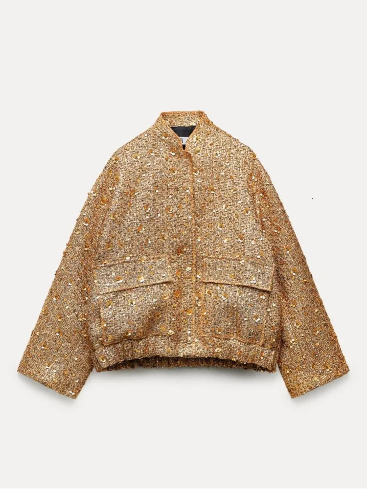 Women Fashion Shiny Sequin Jacket Y2k Gold Color Stand Collar Long Sleeve Short Coat Autumn Winter Ladies High Streetwear 240117