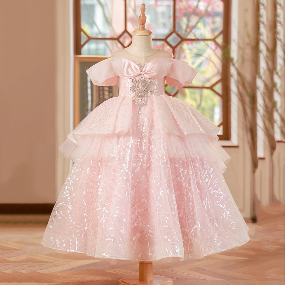 2024 Luxurious Pink Shiny Flower Girl Lace Beaded Tiers Lilttle Kids Weddding Tulle Puff Birthday Party Dresses Pageant Gowns 403