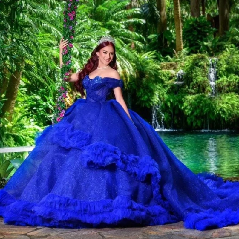 Royal Blue Quinceanera Dress Ball Gown Tulle Off the Shoulder Luxury Quinceanera Gown Sheer Applique Lace Beads Girl's Sweet 16 Dress