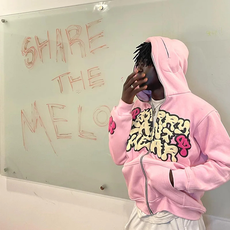 Harajuku Jacket Letter Print Coat Men Women Jackets pink Zip Hooded Sweatshirt Oversized Long-sleeved Zipper Top Casual Hoodies 240117
