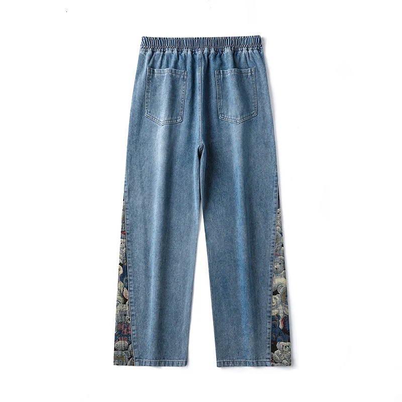 2023 Men's Jeans Baggy Bear Printed Wide Leg Pants Hip Hop Street Loose Denim Elastic Waist Lace Up Casual 240117