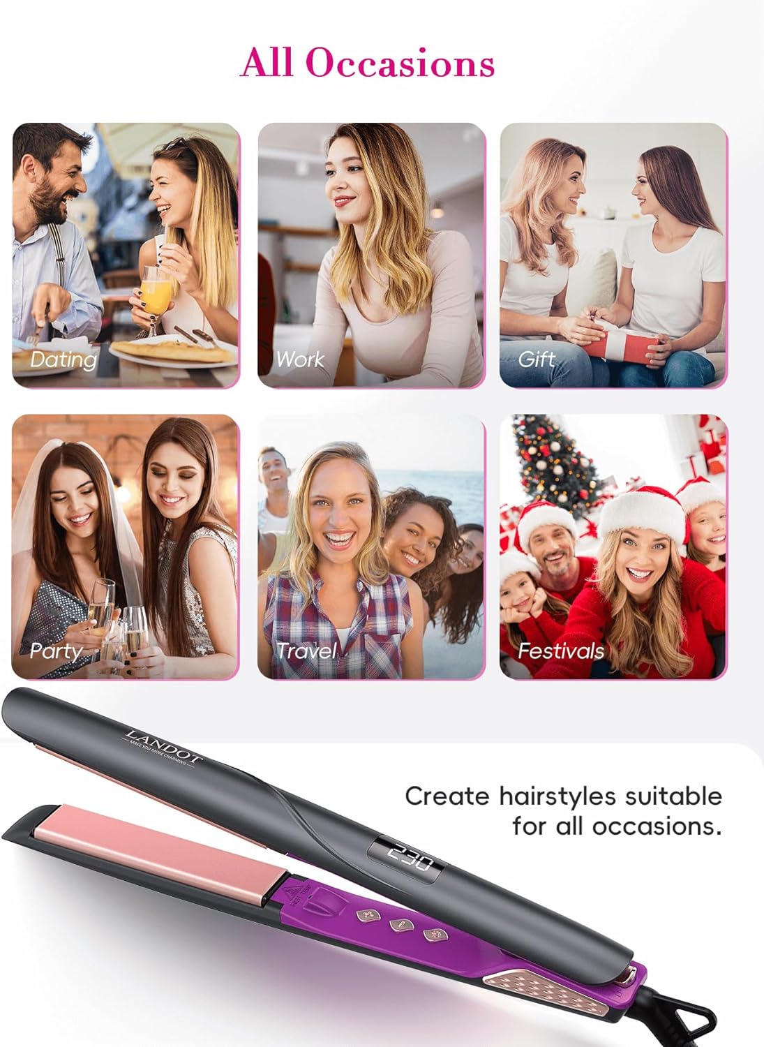 LANDOT Flat Iron Hair Straightener 1-inch: Straightener and Curler 2 in 1 - Professional Ceramic Straightening Curling Iron for Straighten Curl Wave H