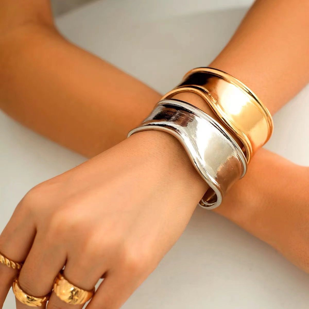 Hiphop Rock Punk Couple European American Cuff Bangle personality versatile fashion alloy cuffs irregular wide edition smooth metal bracelet wholesale
