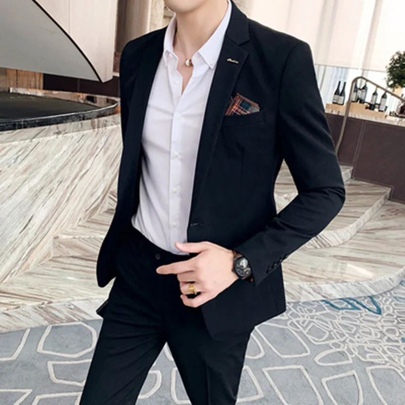 JacketPants Fashion Men's Pure Color Leisure Suits Gray Blue Black Slim Fit Men Business Banquet Suit Set Plus Size 6XL 7XL 240117