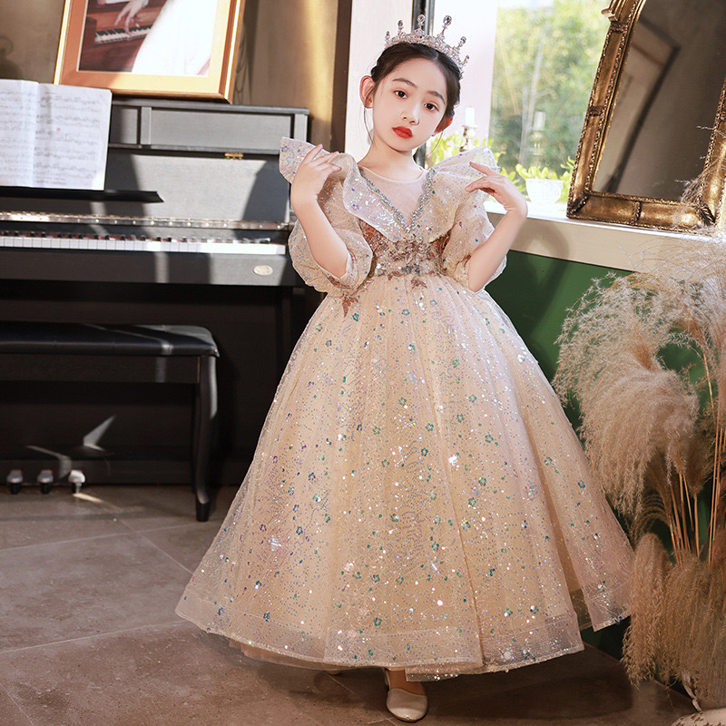 2024 sequined wer girl Dresses for Wedding Lace Applique shiny Kids Birthday Party Puffy ball gown Princess Little Girls Pageant Gown Toddler Formal D
