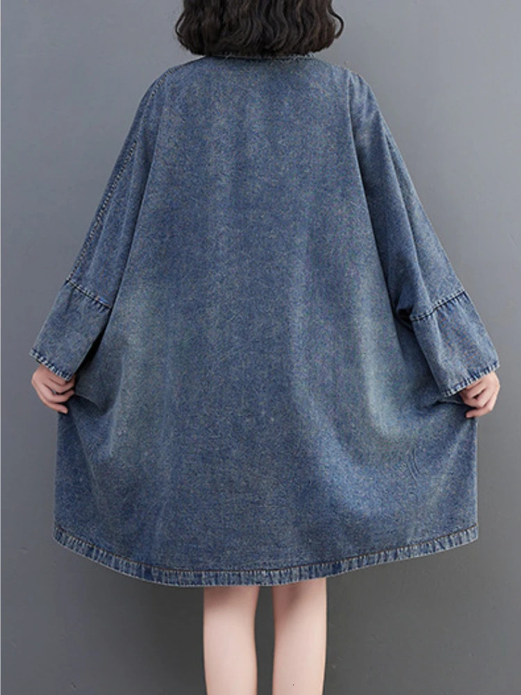 Jackets for Women 2023 Spring Autumn Vintage Vneck Pocket Denim Jacket Loose Oversized Trench Coats Top Blue Jean Woman 240117