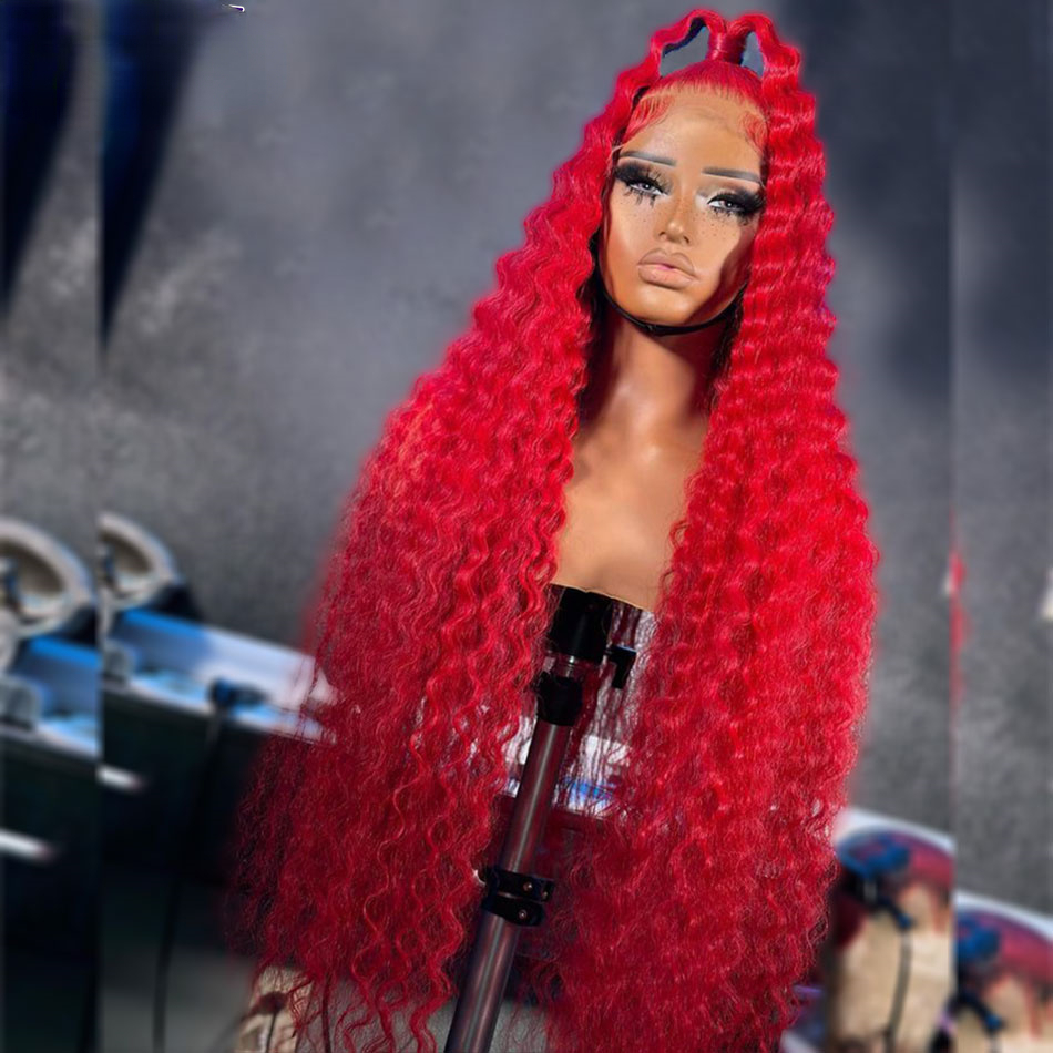Free shipping Peruvian Red Color 180% Water Wave Front Human Hair PrePlucked Transparent Lace 13X4 Frontal Synthetic Curly Wigs for Women
