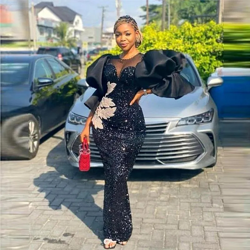 Modern Puff Sleeves Prom Dresses Floor Length Glitter Black Sequined Evening Gowns For Women Arabic Aso Ebi Sparkle Birthday Party Special Occasion Dr