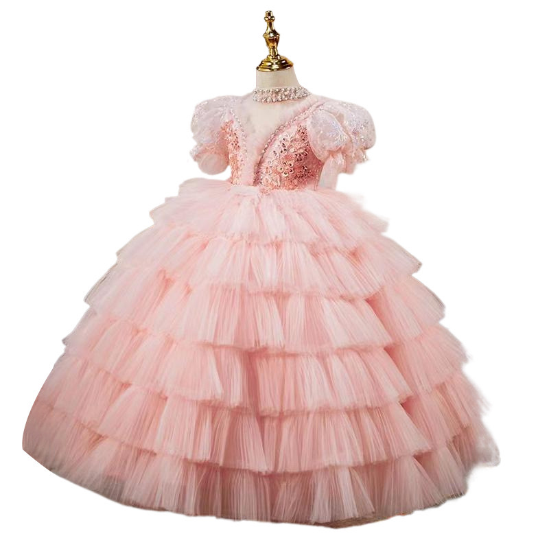 2024 Elegant pink Flower Girl pearls beaded necklace sequined corset cap sleeves princess Cascading Kids Pageant Gowns For Weddings Holy Communion Dre