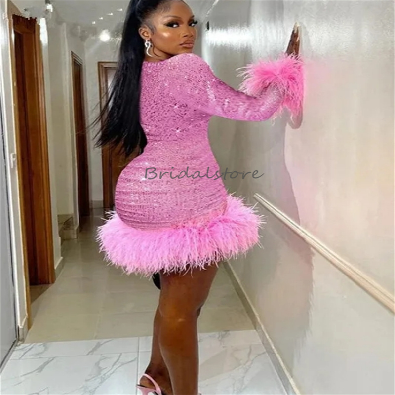 Pink Sequin Shine Prom Dress For Black Girls Aso Ebi Sheath Mini Short Evening Dress With Feather Long Sleeve V Neck Glitter Cocktail Party Dress Sexy