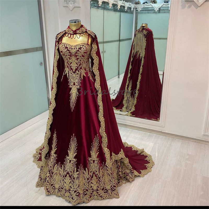 Traditional Moroccan Turkish Evening Dress With Caped Luxury Appliques Tassle Arabic Muslim Prom Dress Abayas Green Burgundy Formal Muslimah Robe De M