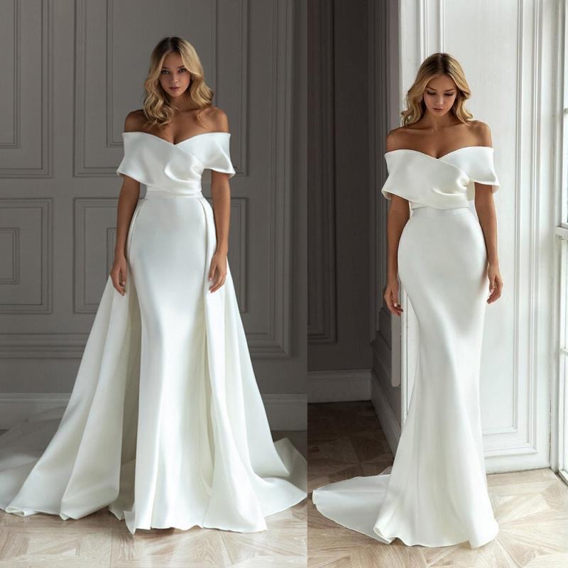 2024 Dubai Arabic Mermaid Wedding Dresses For Bride Plus Size Off Shoulder Long Satin Detachable Overskirts Sweep Train Sashes Bridal Gowns Vestidos D