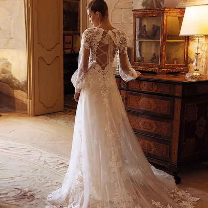 Elegant Wedding Dresses Modern Beading Glitter Long Sleeves Lace Appliques Backless Bridal Gown Robe De Mariee Custom YD