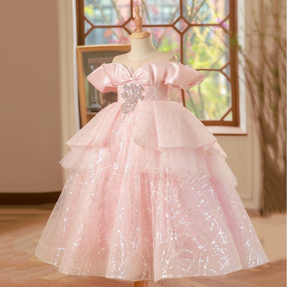 2024 Luxurious Pink Shiny Flower Girl Lace Beaded Tiers Lilttle Kids Weddding Tulle Puff Birthday Party Dresses Pageant Gowns 403