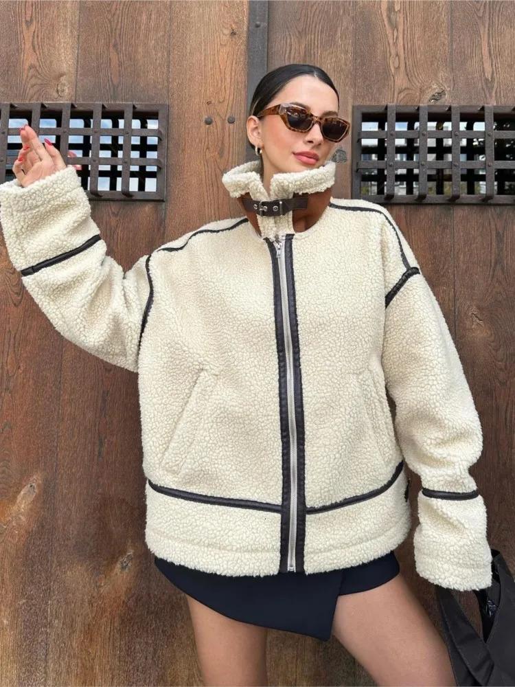 Fashion White Patchwork Women Lamb Wool Jacket Female Lapel Long Sleeve Zipper Coats Winter Lady Warm Loose Streetwear Jackets 240117