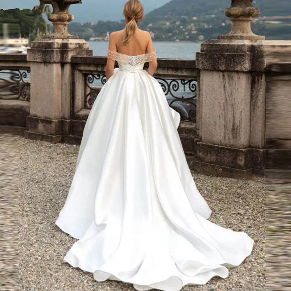 A Modern E Wedding Dress Sweetheart Off Shoulder Pearls Beading Backless Satin Bridal Gown Court Train Custom Made YD