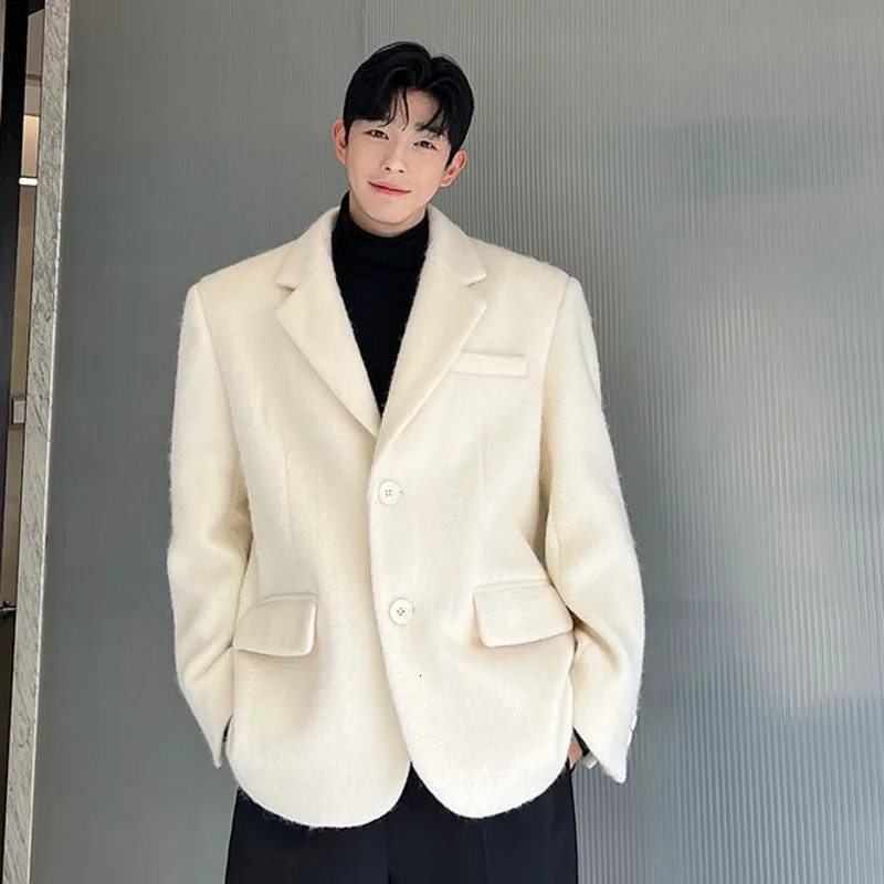 IEFB Korean Chic Male Woolen Jacket Fashion Lapel Single Breasted Pocket Coat 2023 Autumn Winter Casual Men Clothing Pink 9C2886 240117