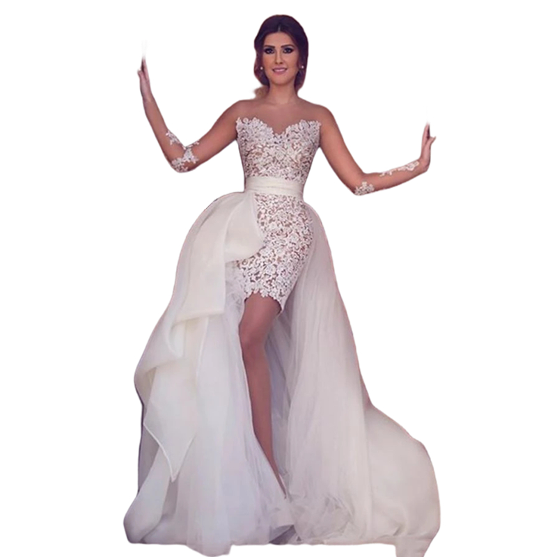 Sheath Dubai Short Mini Lace Wedding Dresses With Detachable Train Illusion Long Sleeves Sheer Neck Ivory Beach Bridal Gowns 6660306