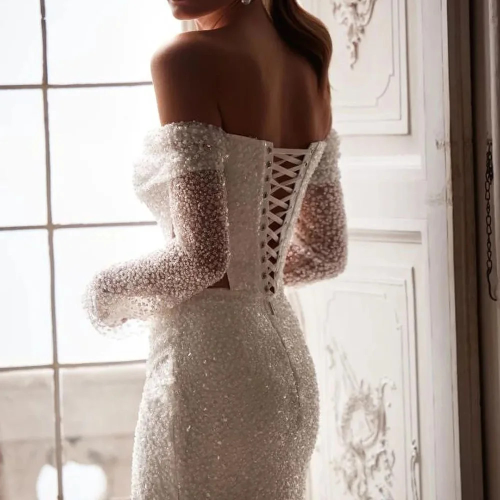 Elegant Glitter Squined Mermaid Wedding Dress Sexy Side Slit Long Sleeves Lace Up Bridal Gown Floor Length Vestido De Novia New