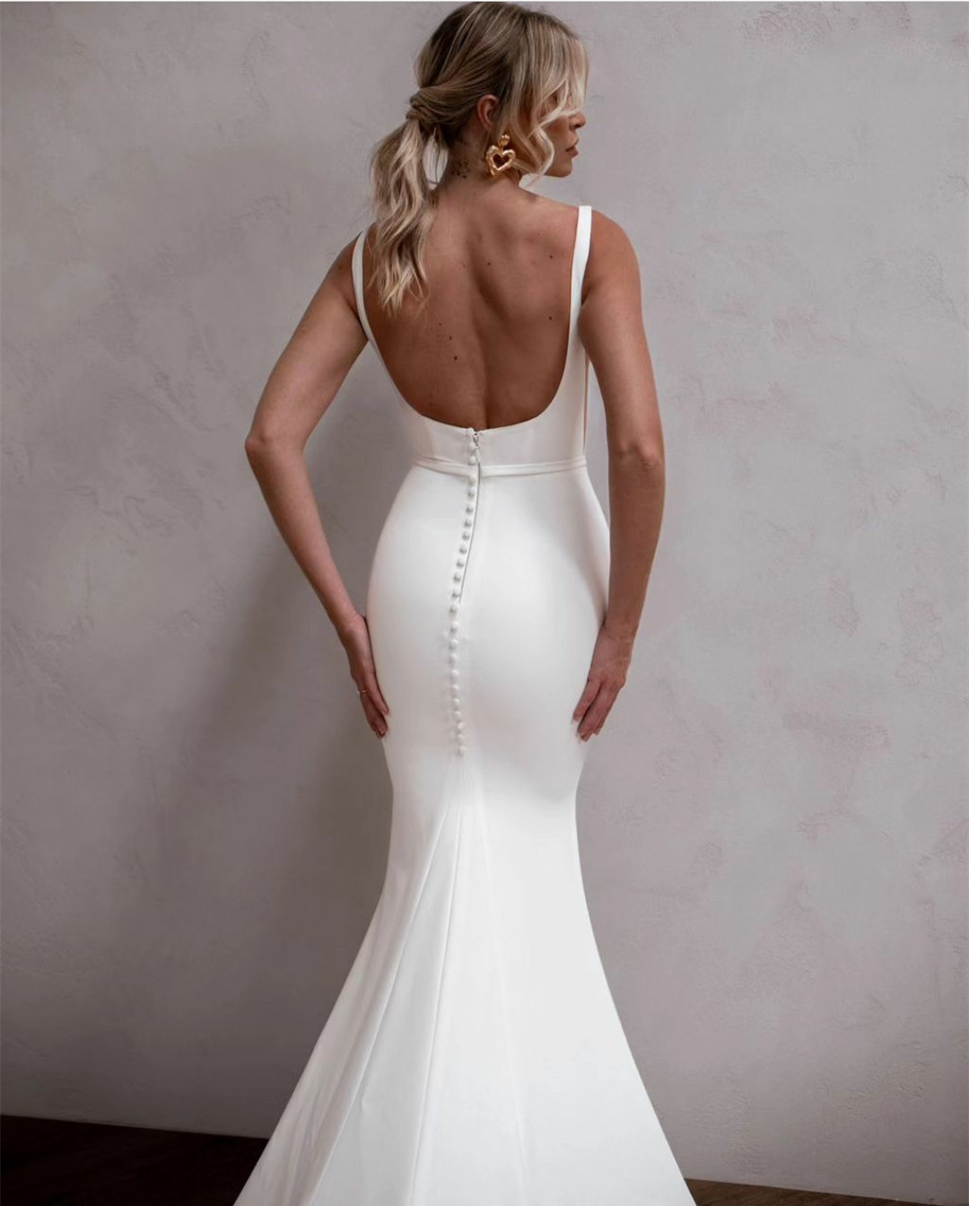 Vintage Long Crepe Mermaid Wedding Dresses With Court Train Ivory Square Collar Buttons Back Vestidos de Novia Abendkleider Bridal Gowns for Women