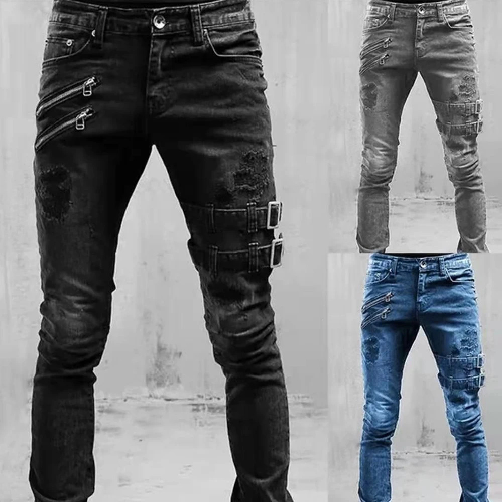 Retro Moto Biker Straight Elastic Jeans Men Zipper Hole Streetwear Punk Skinny Denim Cargo Pants Pantalones Hombre Y2K Clothing 240117